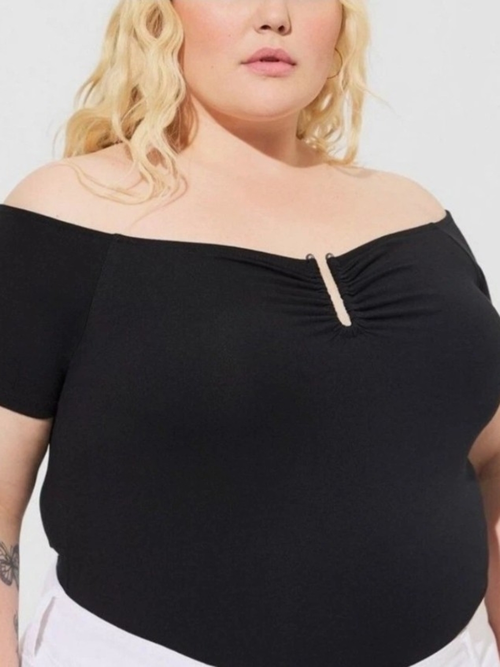 torrid Black Off-Shoulder Crop Top with Front Keyhole
